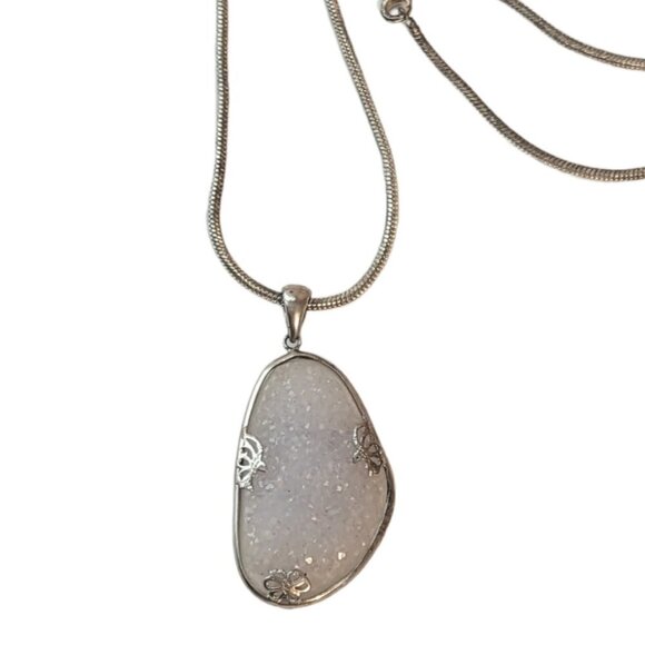 Druzy Gemstone Quartz Pendant Sterling Silver Necklace With Chain - Picture 1 of 9